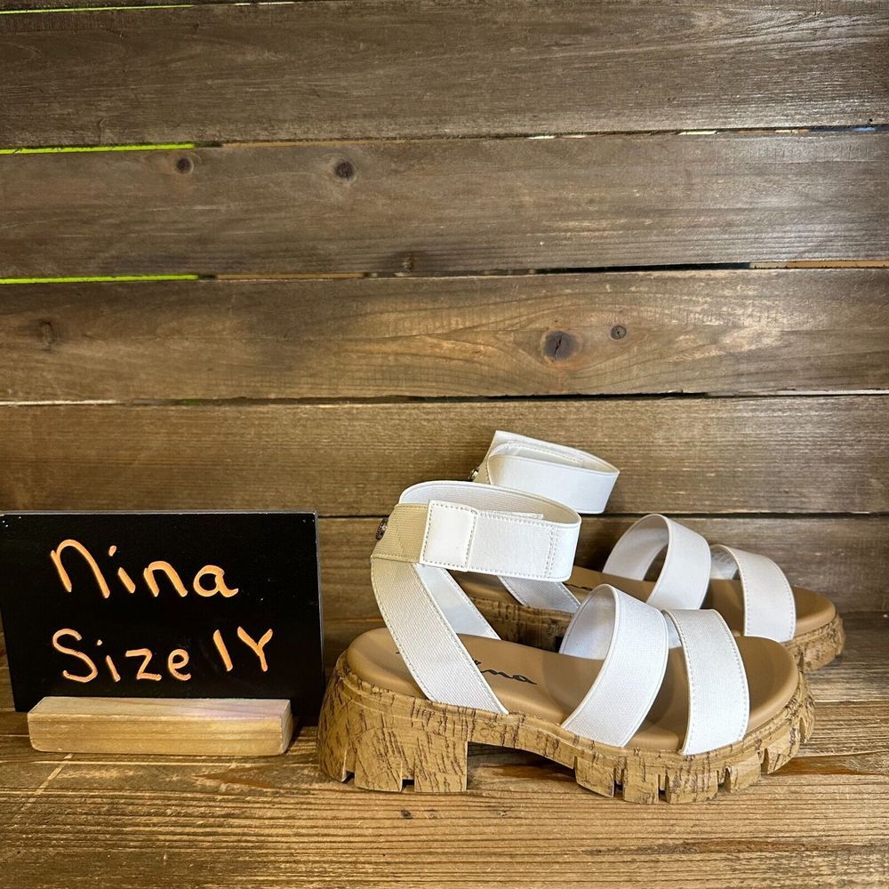 New NIB Big Kids Nina Seri White Canvas Strappy Ankle Strap Sandals Size 1 Y